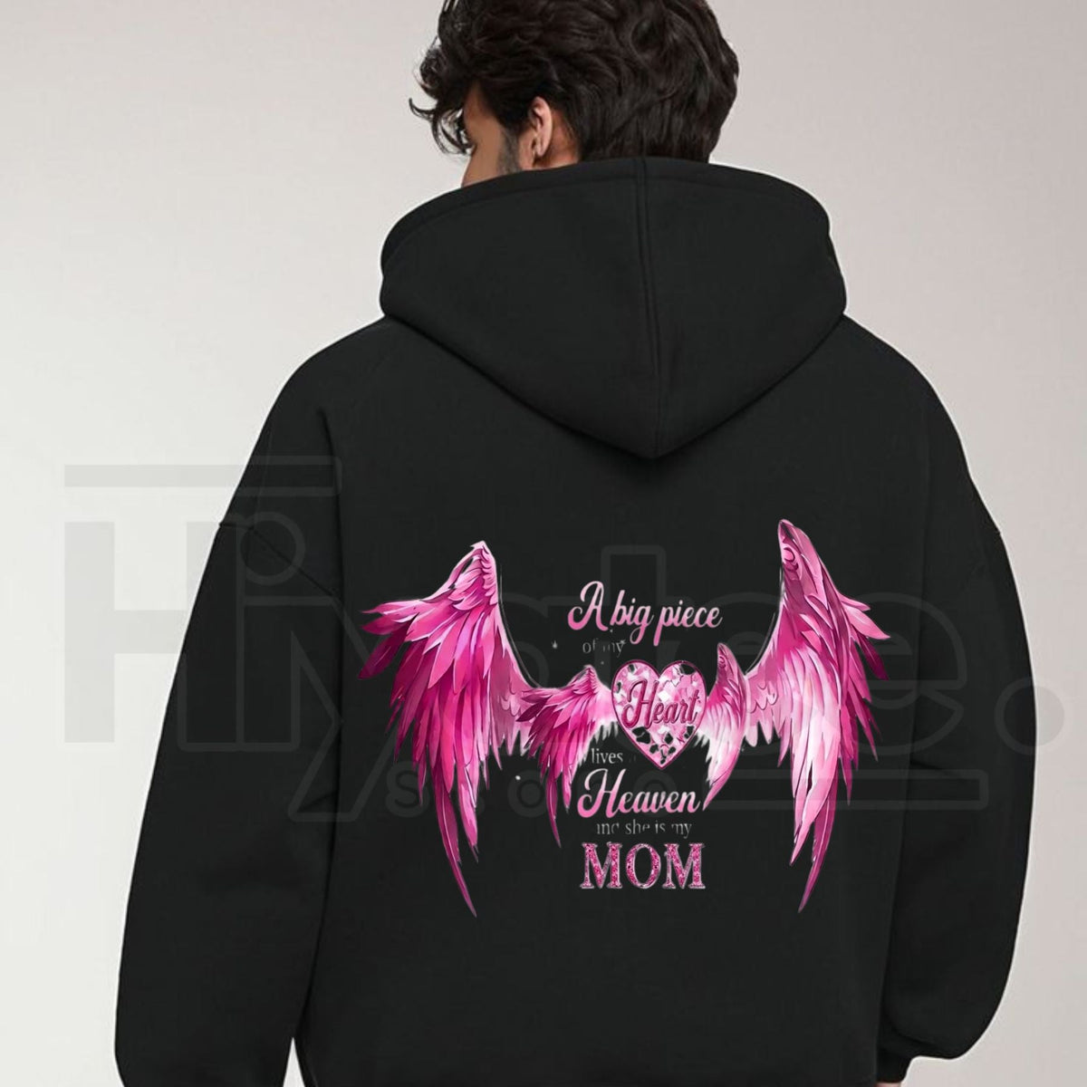 Women’s A Big Piece Of My Heart Lives In Heaven Mom Memorial Back Print Hoodie – Pink Angel Wings Heart Graphic Sweatshirt