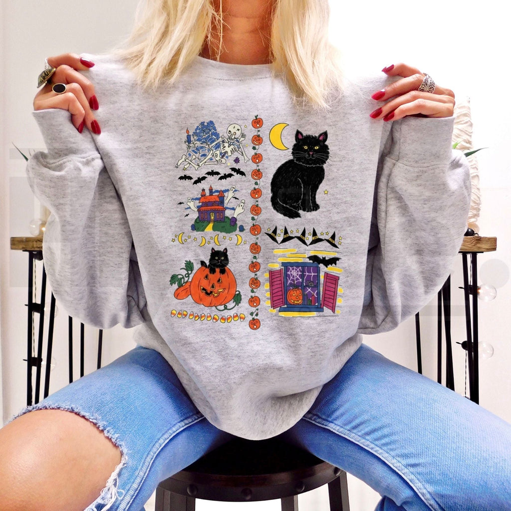 Women's Vintage Halloween Cotton Sweatshirt – Retro Spooky Haunted House Crewneck, 90s Aesthetic Fall Pullover