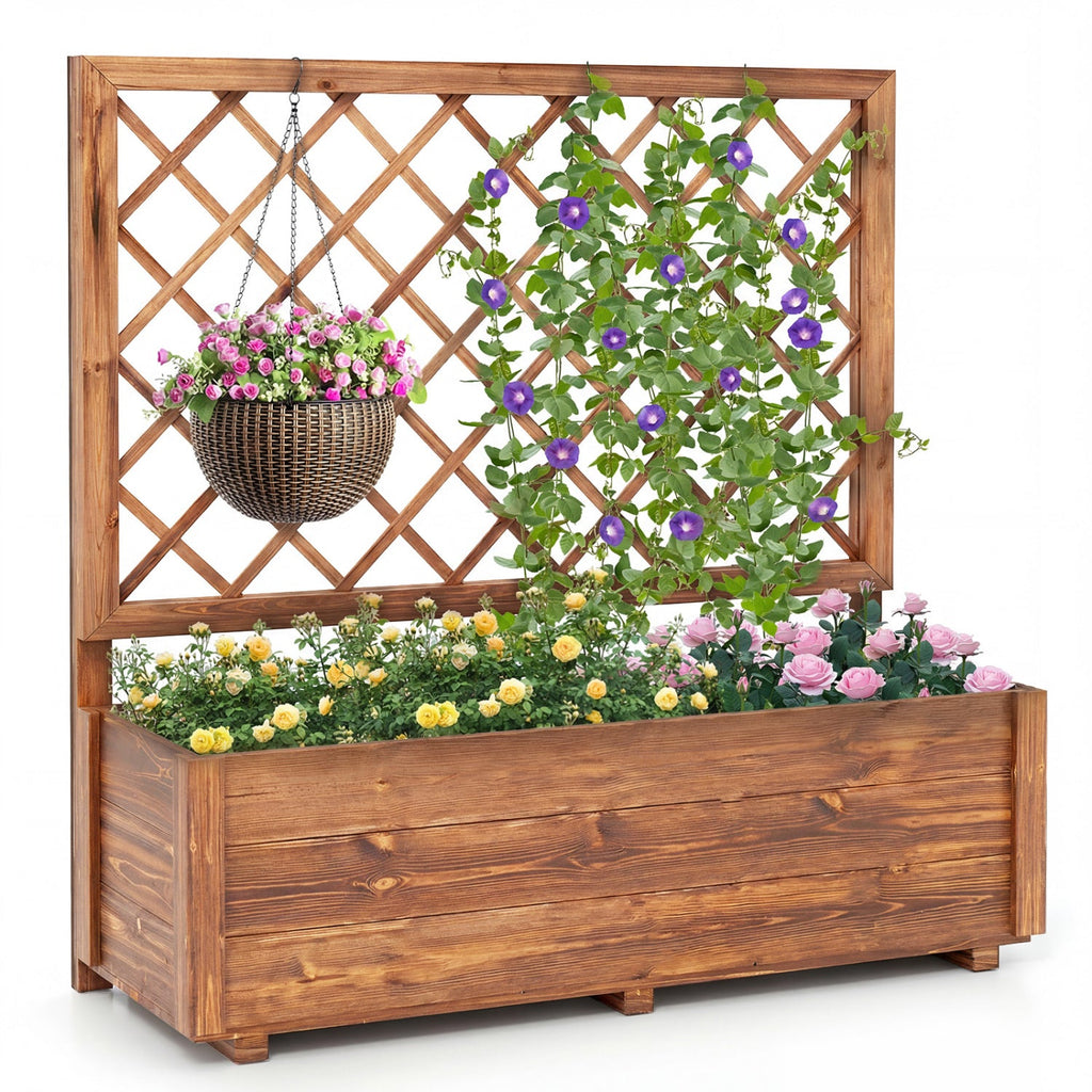 Raised Garden Bed Wooden Elevated Planter Box with Lattice Trellis-L