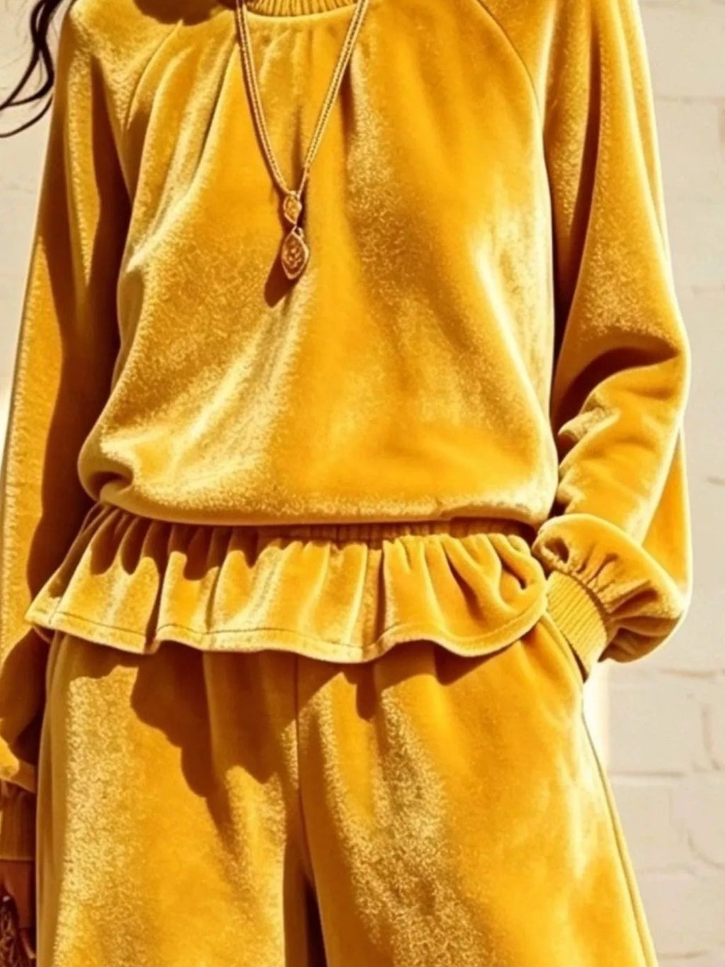 Velvet Peplum Top and Wide-Leg Pants Set