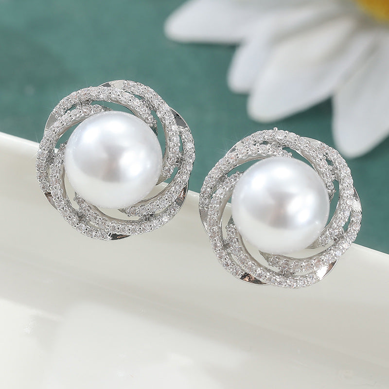 Elegant Pearl Crystal Stud Earrings Silver Tone Brass Women Wedding Party Fashion Jewelry Sparkling Statement