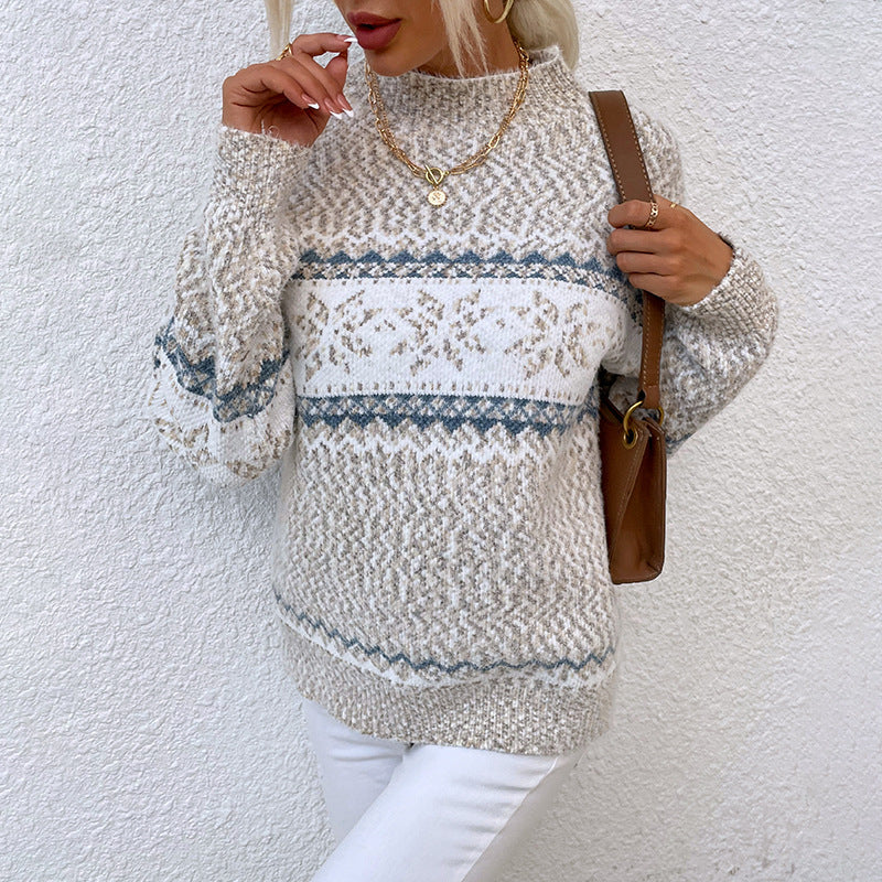 Winter Snowflake Sweater Fashion Half Turtleneck Pullover Knitted Tops Women's Christmas Clothing