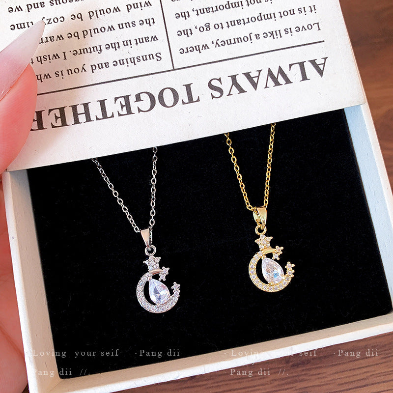 Star Moon Waterdrop Zircon Pendant Necklace Women Neck Jewelry For Daily Dating Banquet Party Occasions