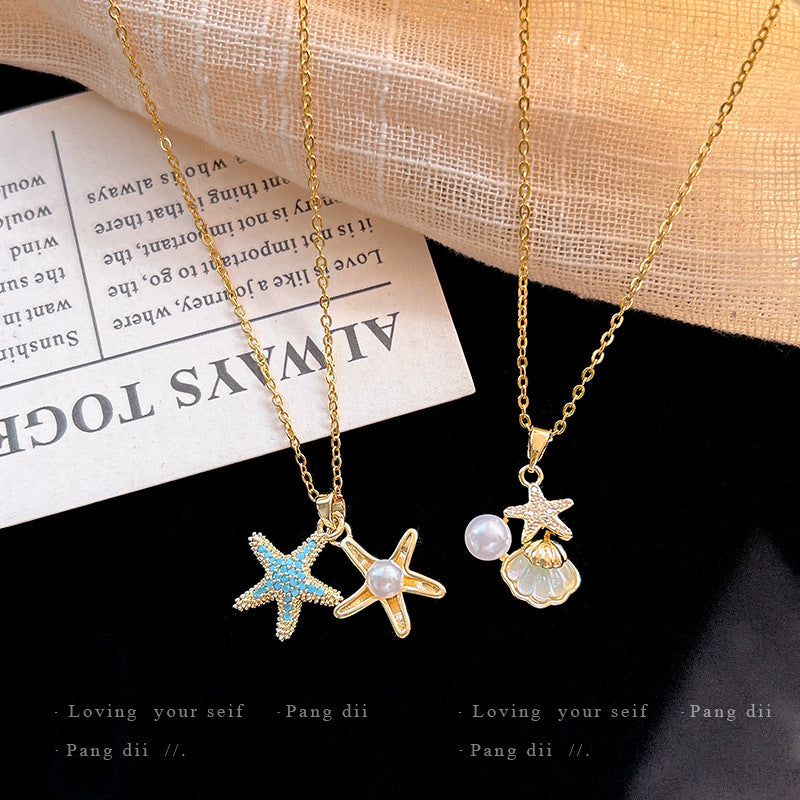 Ocean Style Starfish Shell Pearl Pendant Clavicle Chain Necklace Summer Women Neck Jewelry For Daily Dating Beach Party Occasions