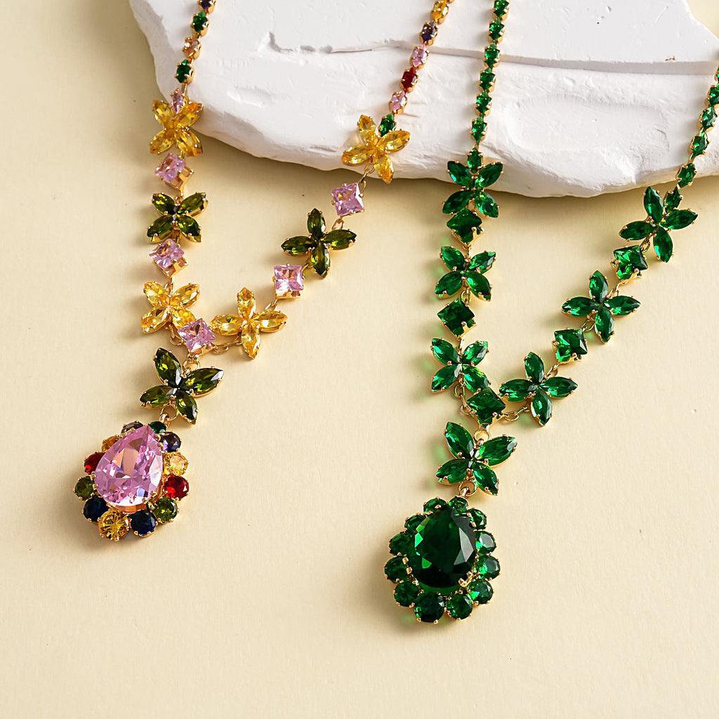 Womens Two-Piece Zircon Flower Drop Geometric Necklace Set