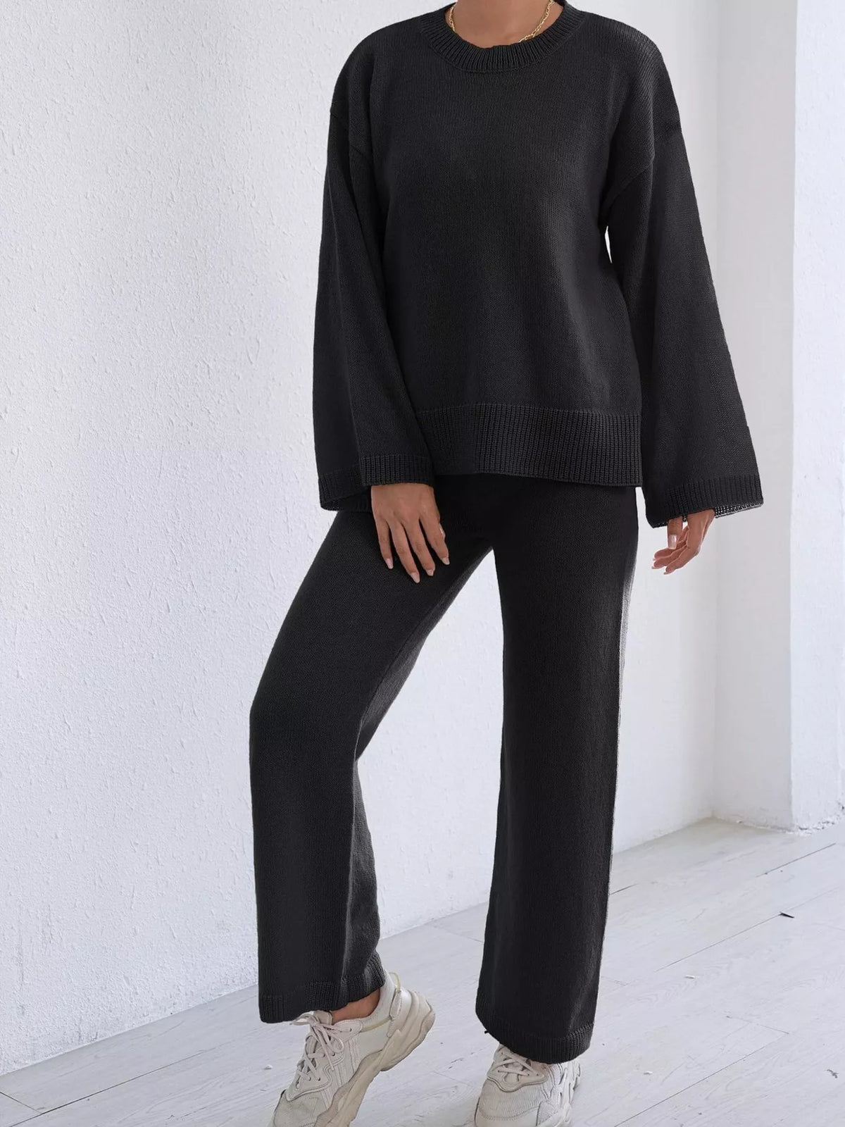 Dropped Shoulder Top and Pants Sweater Set