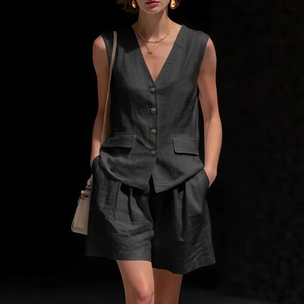 Womens Simple Elegant Cotton-Linen Vest Top And Shorts Two-Piece Set
