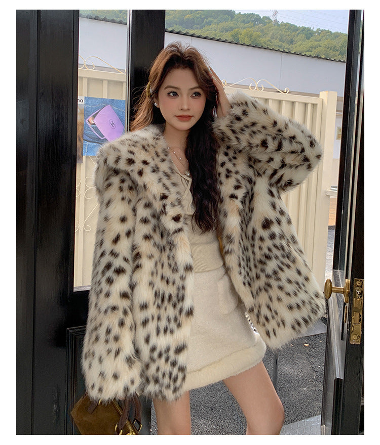 Leopard-print Fur And Lapel Fur Coat For Women