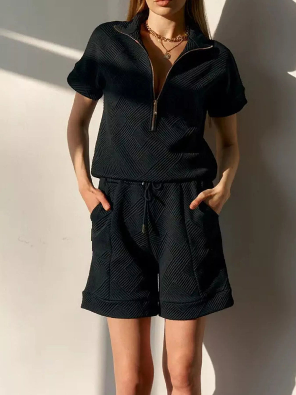 Half Zip Short Sleeve Top and Shorts Set