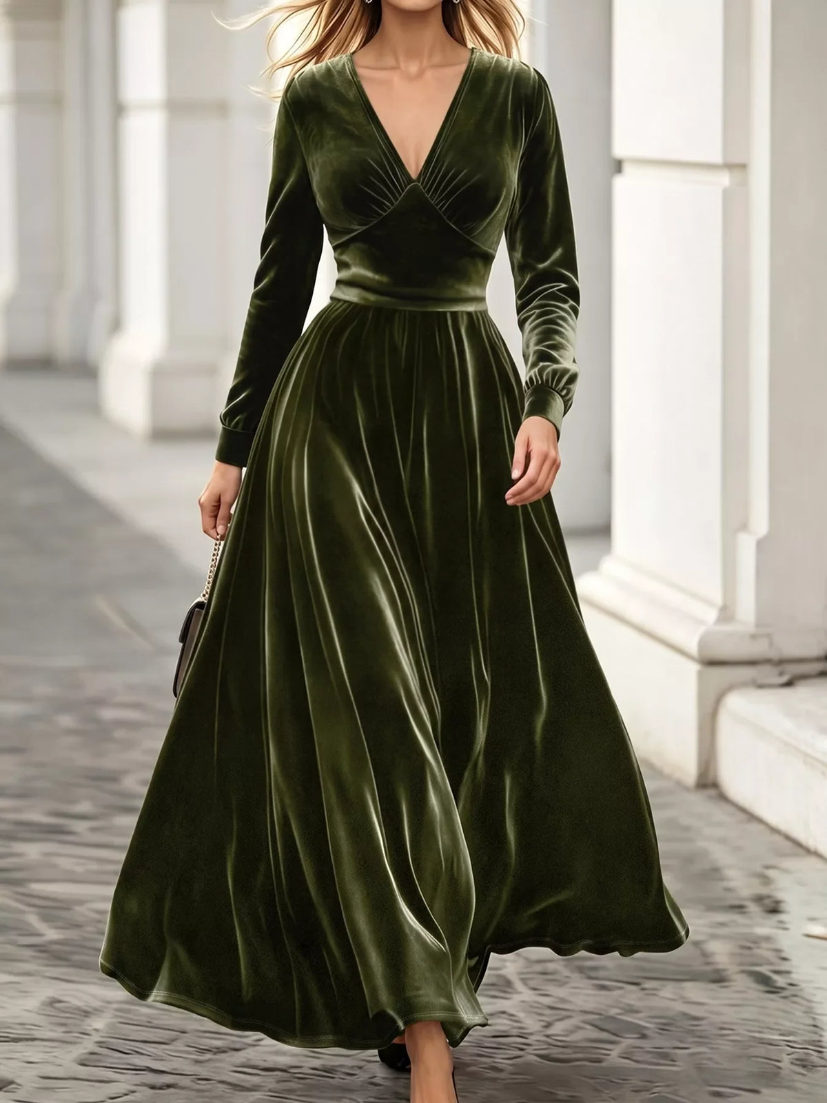 Plus Size V-Neck Long Sleeve Velvet Maxi Dress