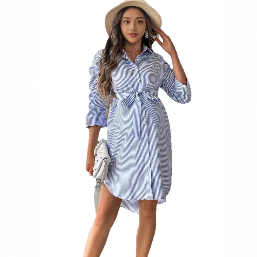 Women's Striped Lapel Button Casual Maternity Wear
