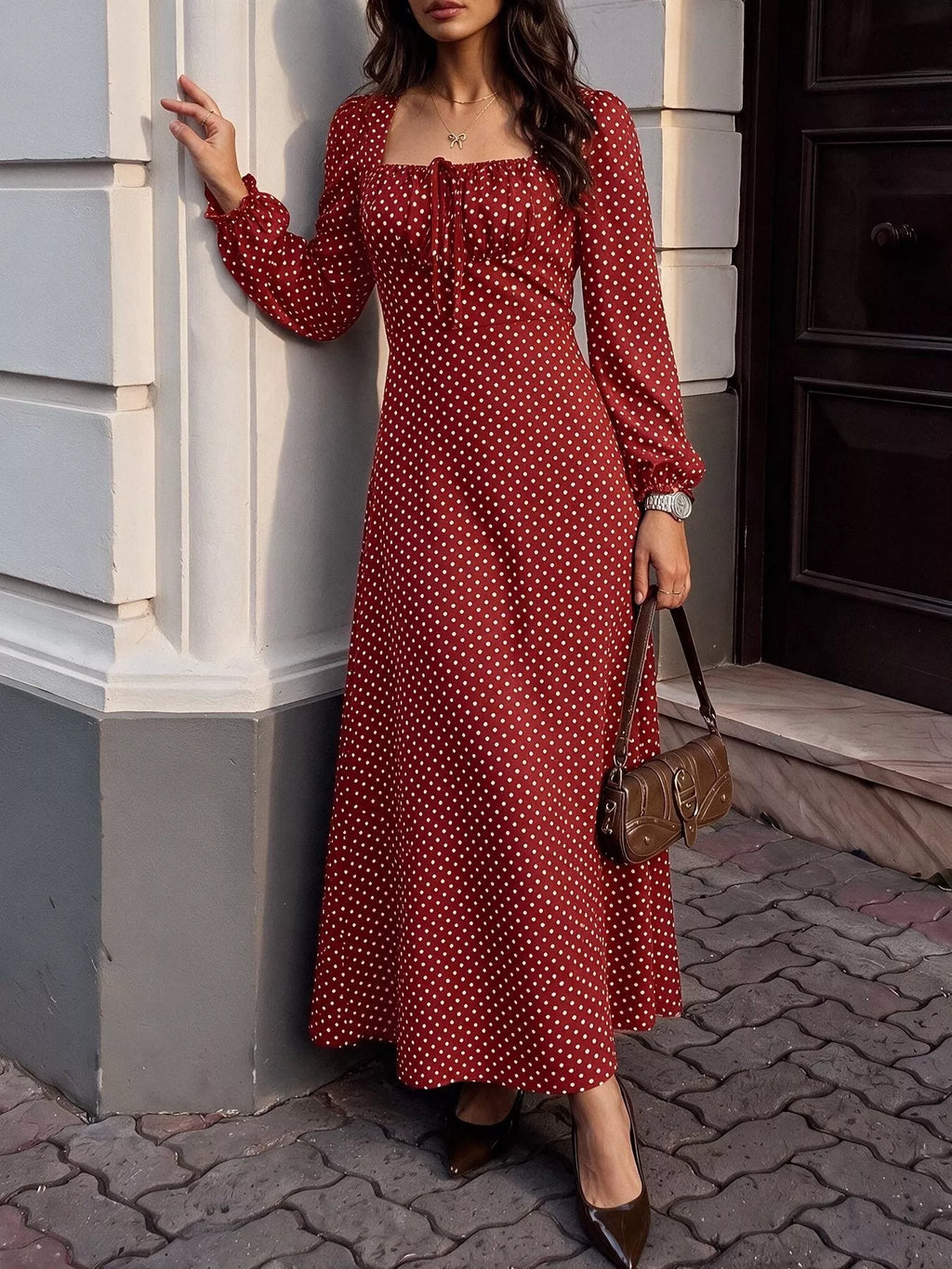 Square Neck Polka Dot Long Sleeve Maxi Dress