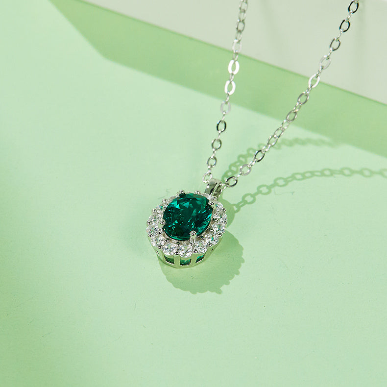 S925 Silver 2.9g 1ct Lab-Created Emerald Halo Necklace, 40&5cm Adjustable