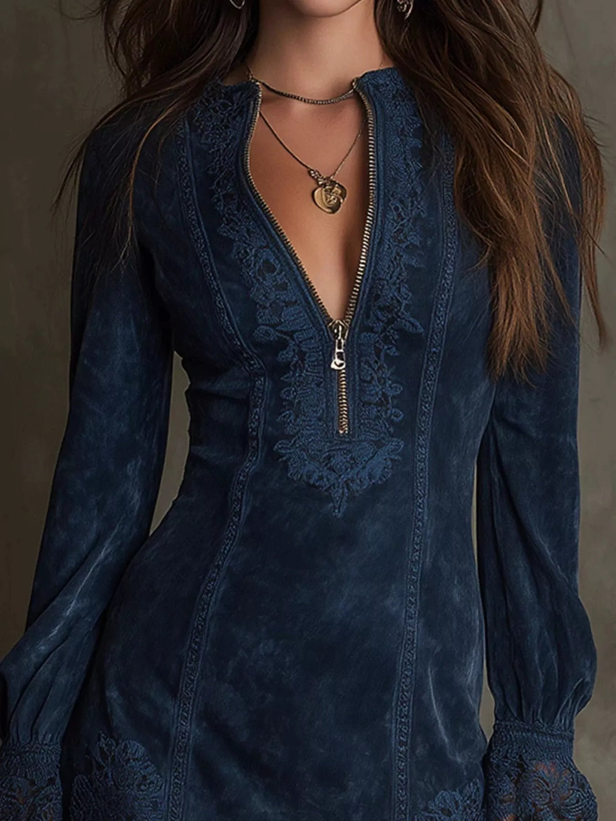 Full Size Zip-Front Long Sleeve Mini Dress Plus Size