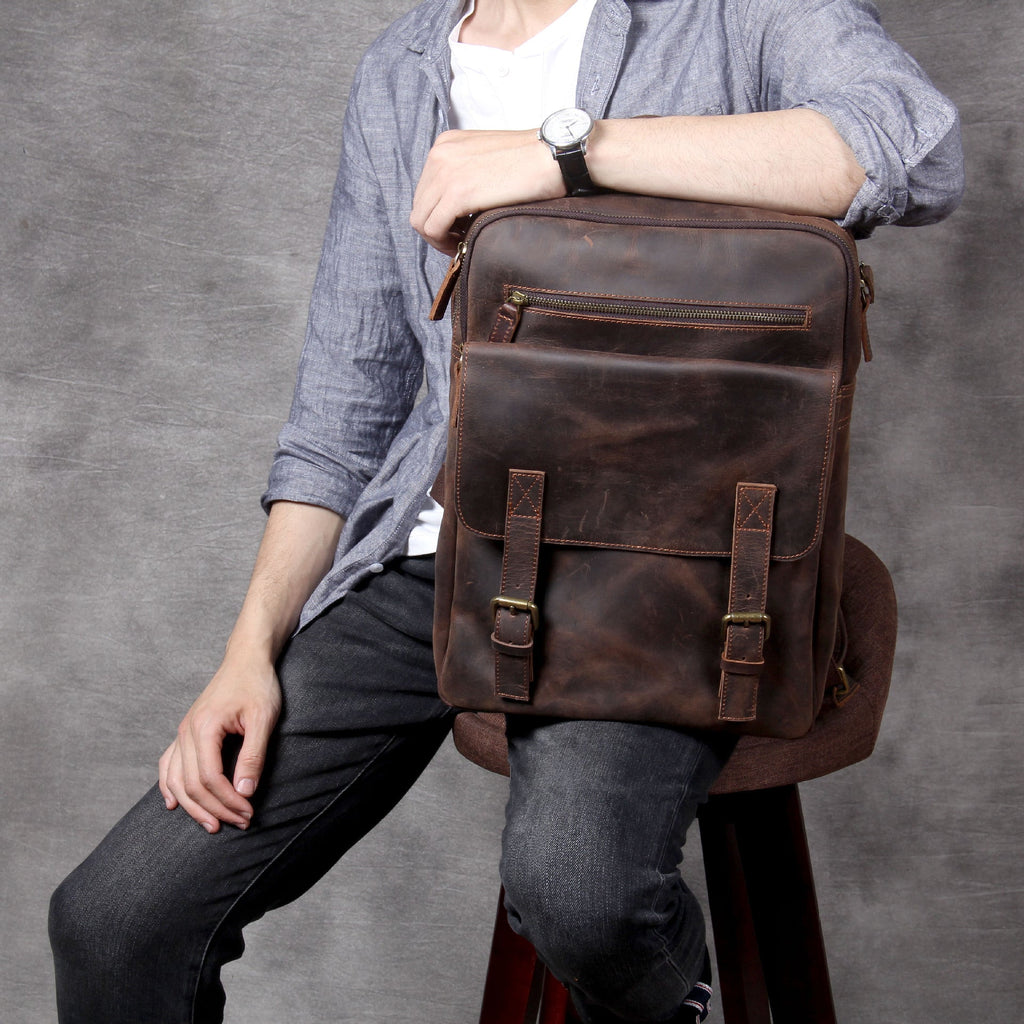 Retro Crazy Horse Leather Handmade First Layer Cowhide Backpack Schoolbags Travel Bag