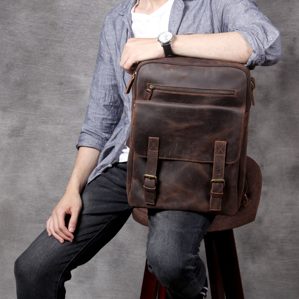 Retro Crazy Horse Leather Handmade First Layer Cowhide Backpack Schoolbags Travel Bag