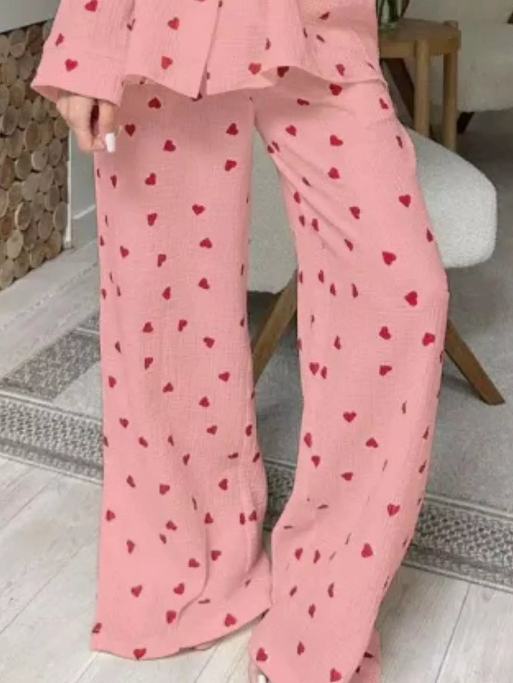 Heart Print Button Up Top and Pants Lounge Set – Apricot / Pink