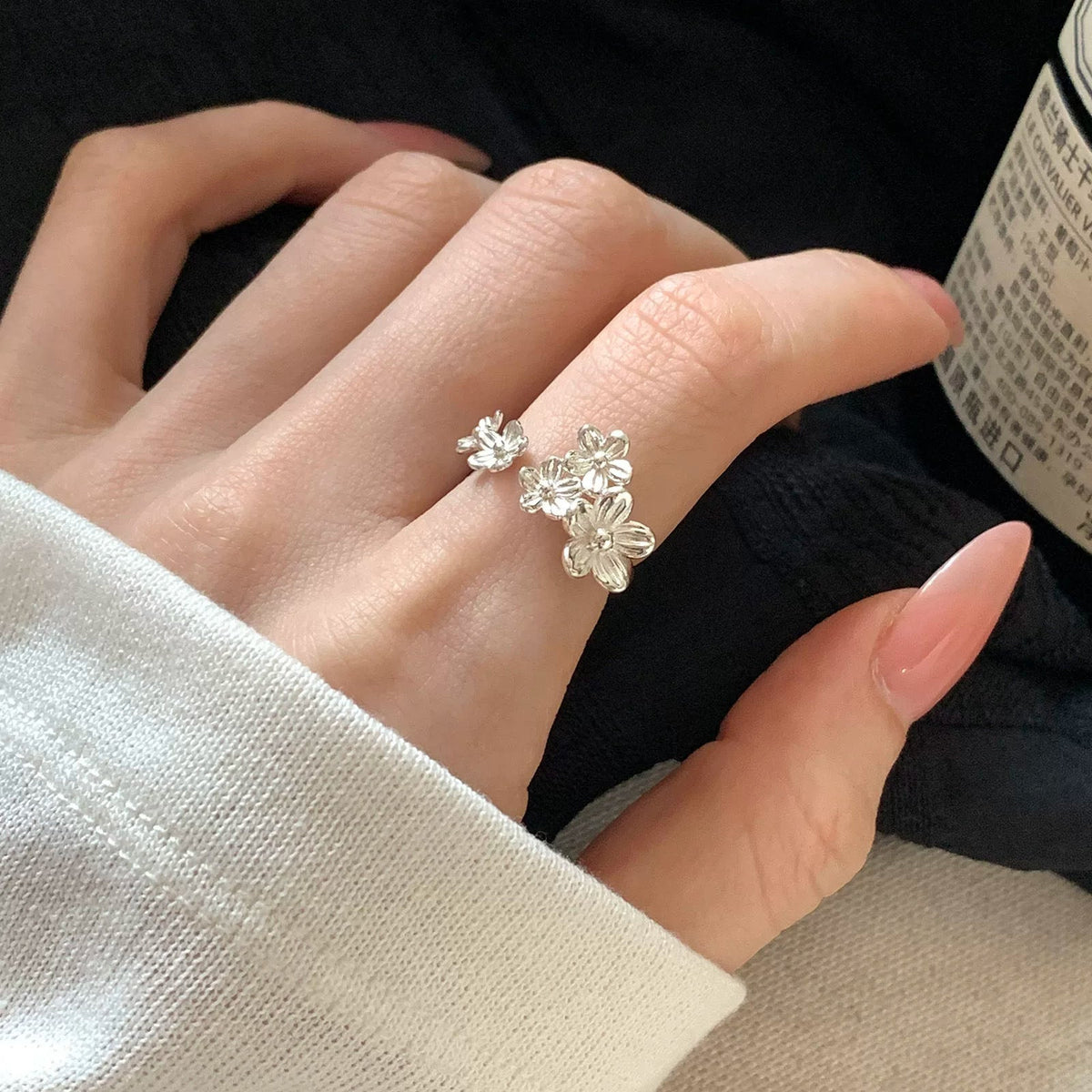 New Arrival 3D Flower Cluster Adjustable Open Ring For Ladies, Mori Style Niche Gentle Versatile Stainless Steel Finger Jewelry