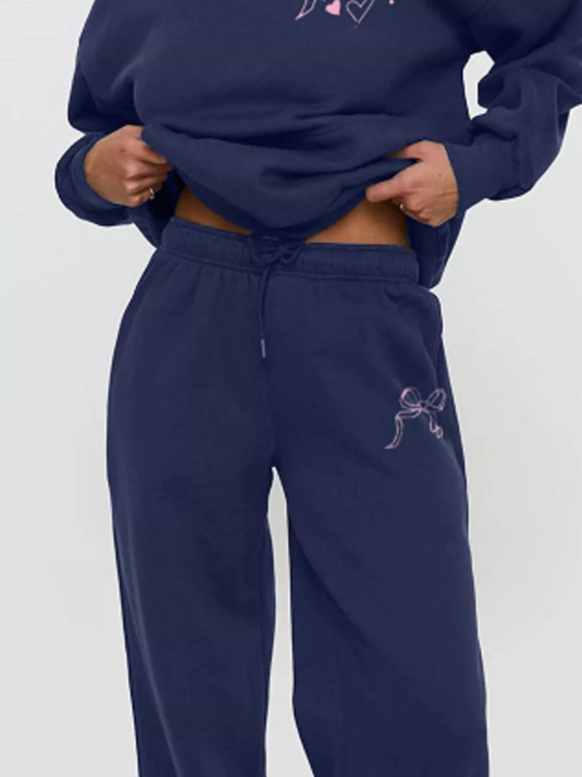 Bow and Heart Dropped Shoulder Hoodie and Pants Set