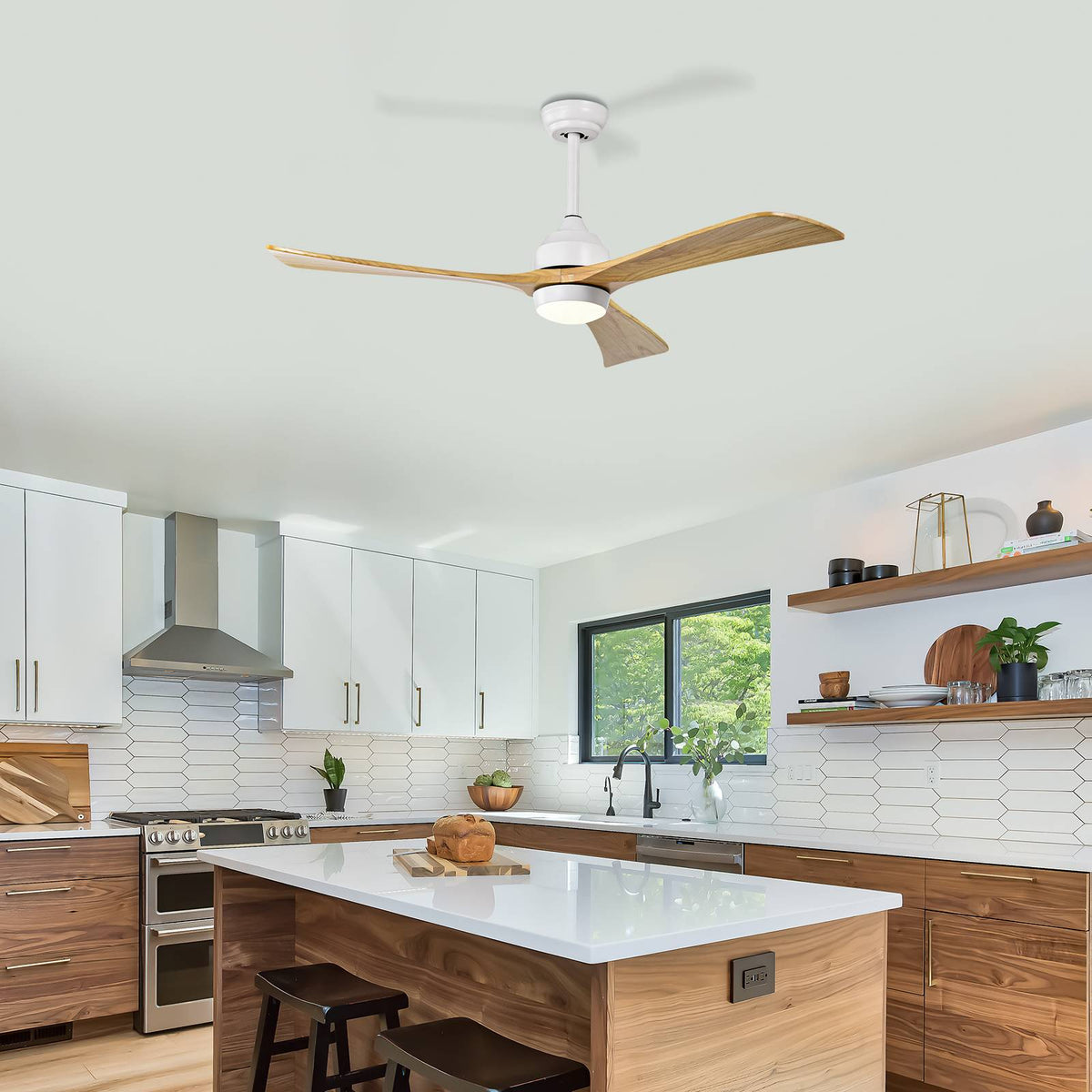 52" Solid Wood Blades Ceiling Fan with Light and Remote Control