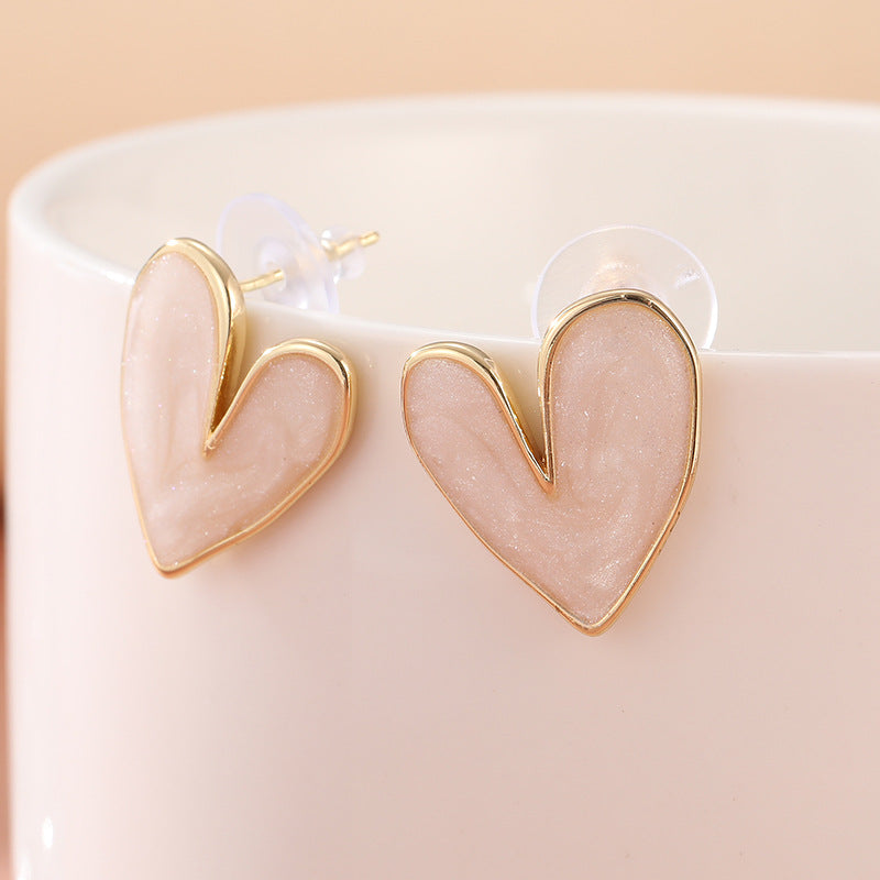 Asymmetric Heart Stud Earrings Blush Gold Tone Brass Women Romantic Daily Party Fashion Jewelry Elegant