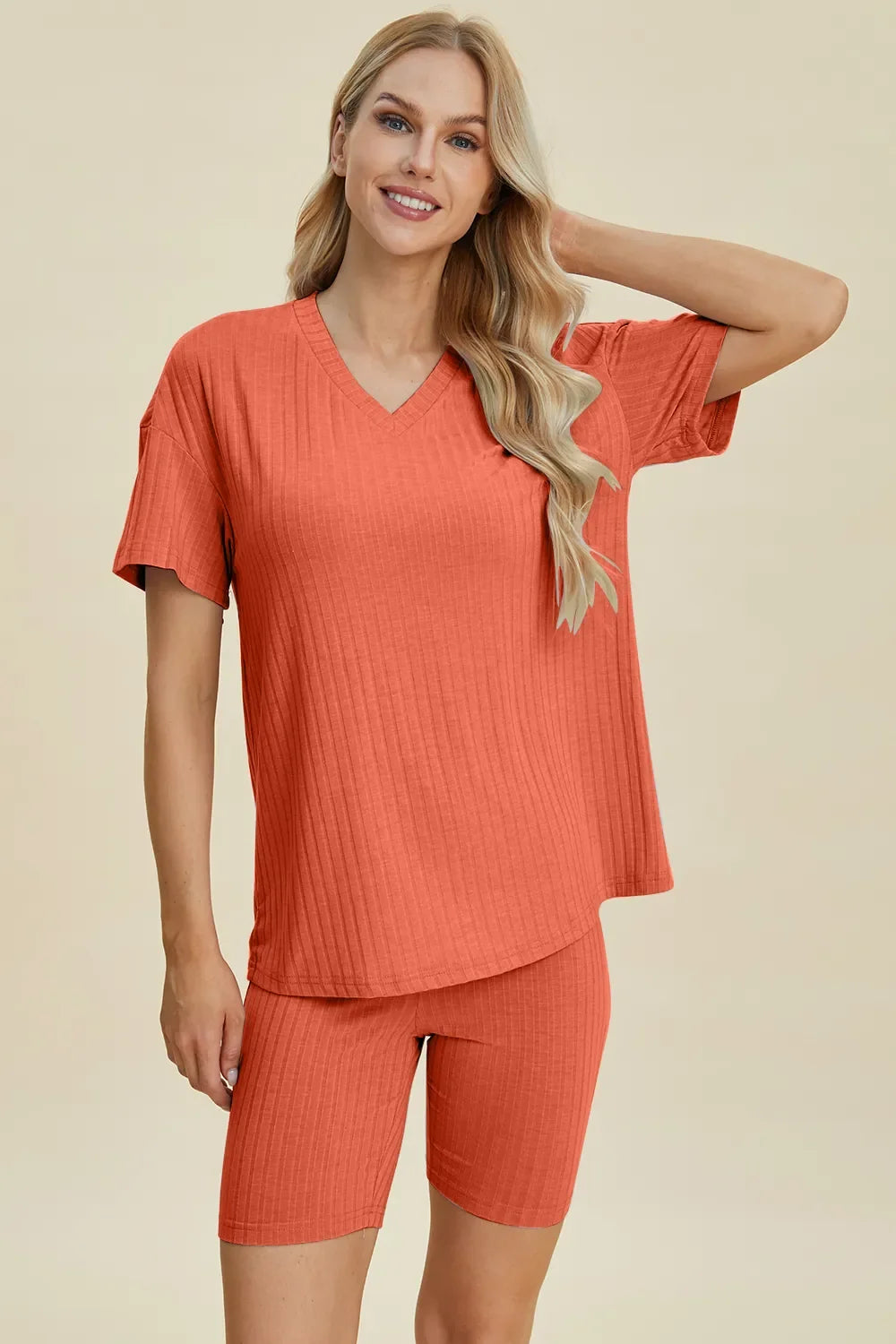 Plus Size Ribbed V-Neck Top & Shorts Set