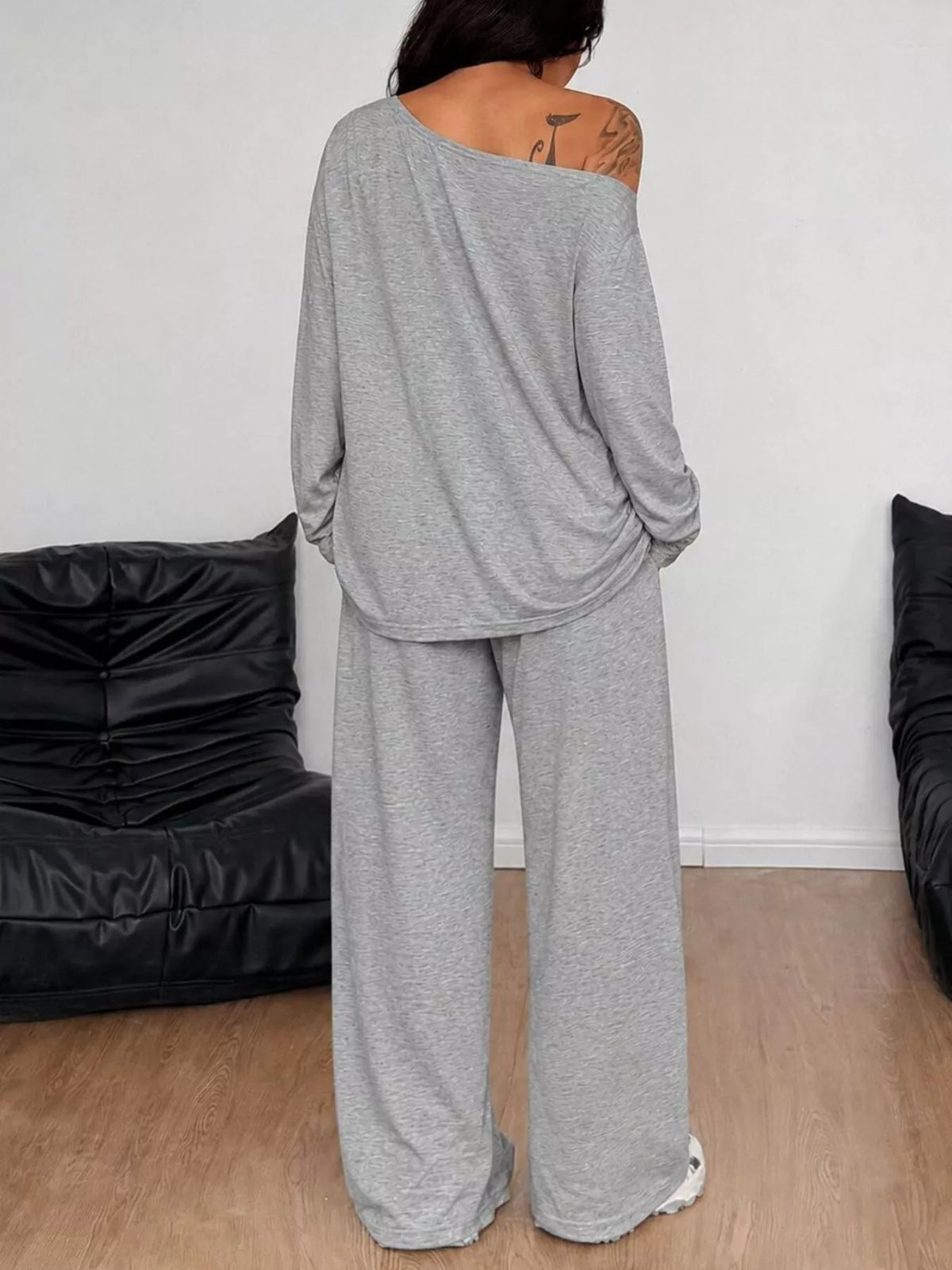 Boat Neck Long Sleeve Top and Wide-Leg Pants Set