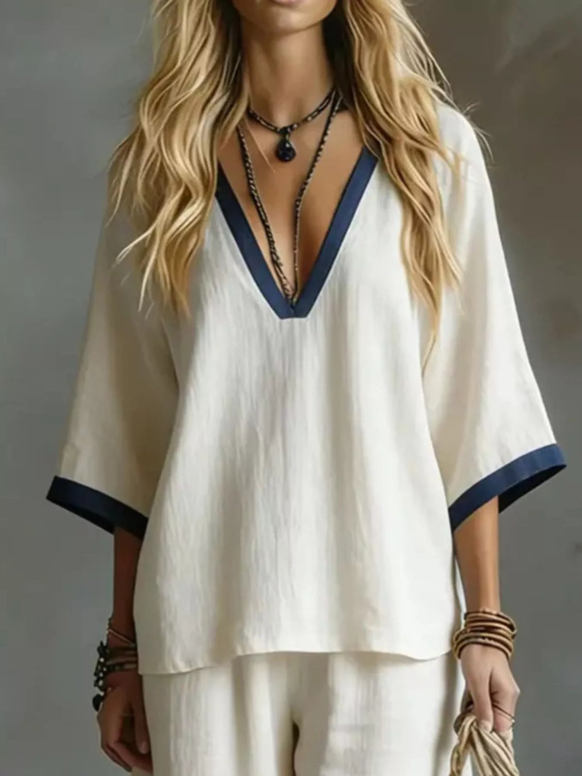 Full Size Contrast Trim V-Neck Top and Pants Set Plus Size