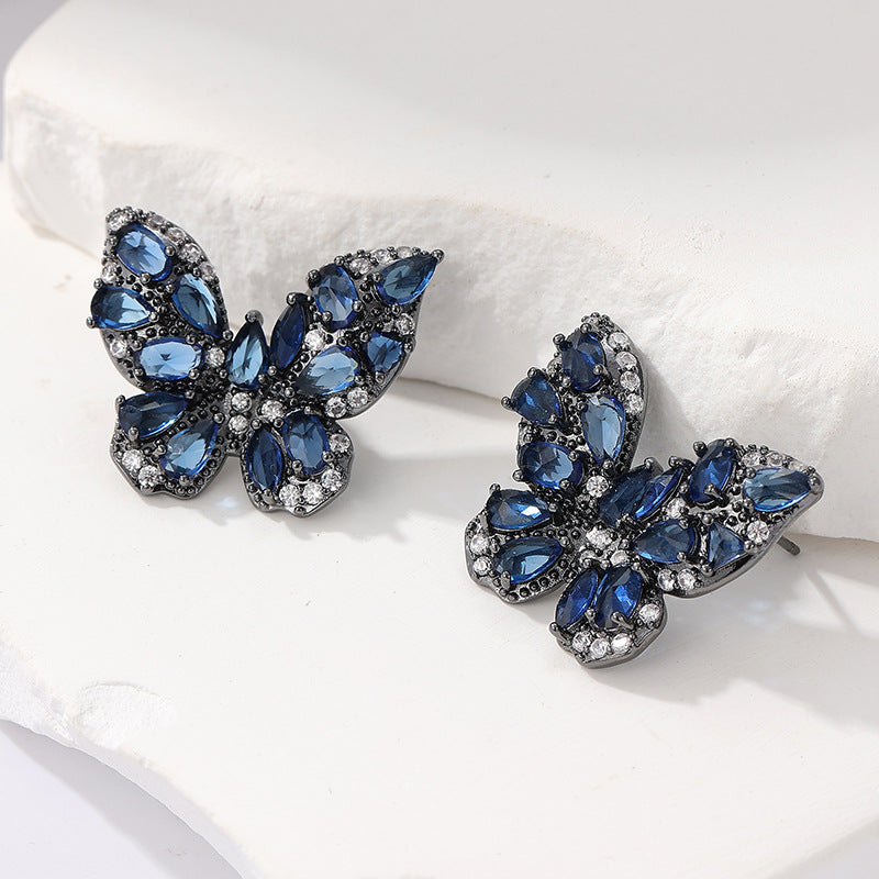 Colorful Butterfly Crystal Stud Earrings Brass Women Blue Rose Green Wedding Party Elegant Fashion Jewelry