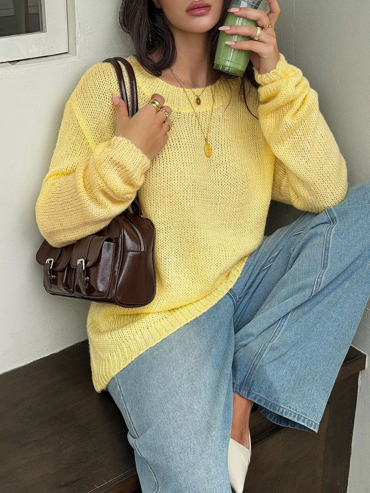 Crew Neck Dropped Shoulder Sweater
