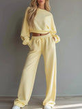 Round Neck Cropped Sweatshirt and Wide-Leg Pants