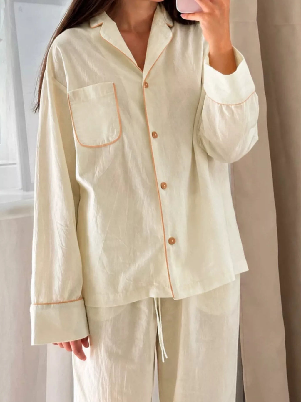 Contrast Trim Button-Down Top and Pants Lounge Set