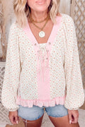 Floral Print Lace-Up Front Blouse with Ruffle Hem