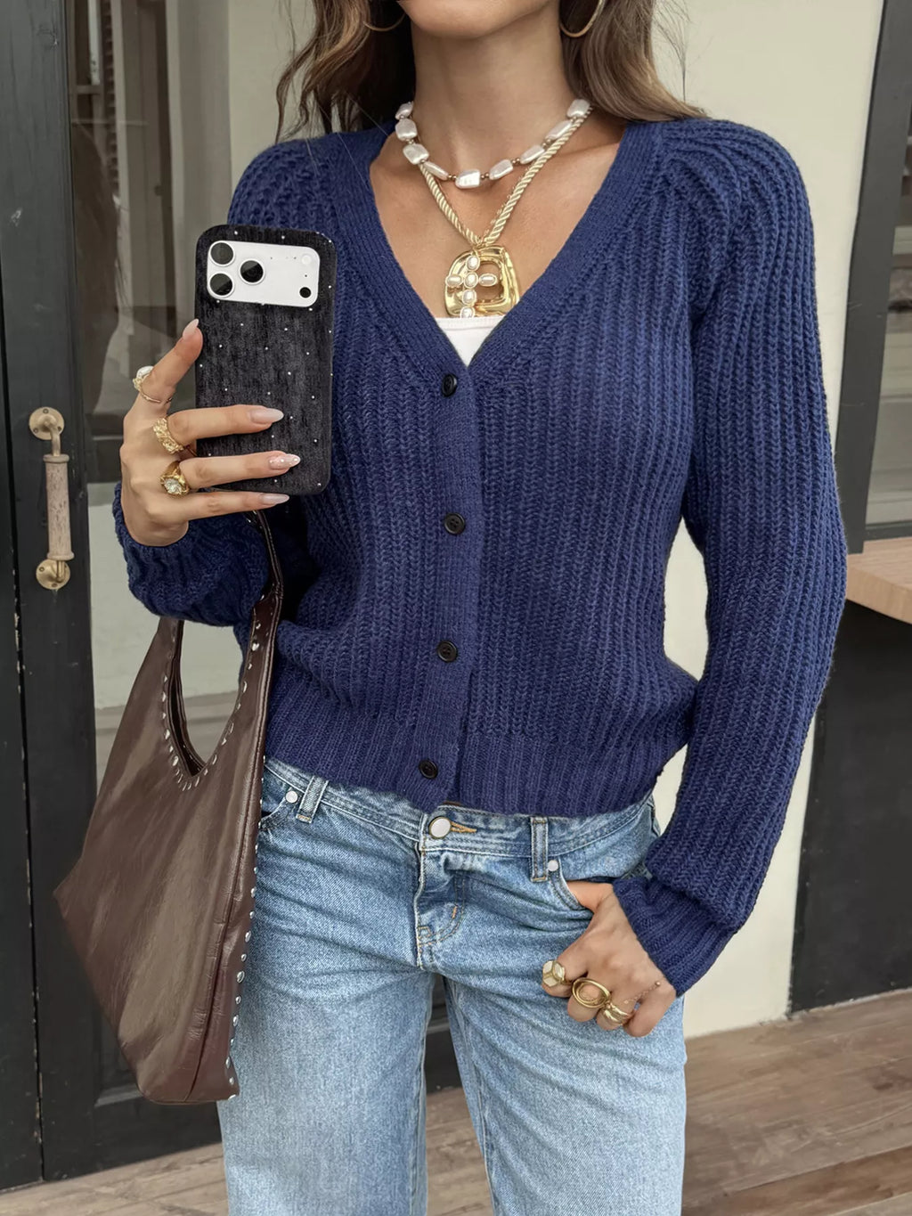 V-Neck Button-Down Cardigan