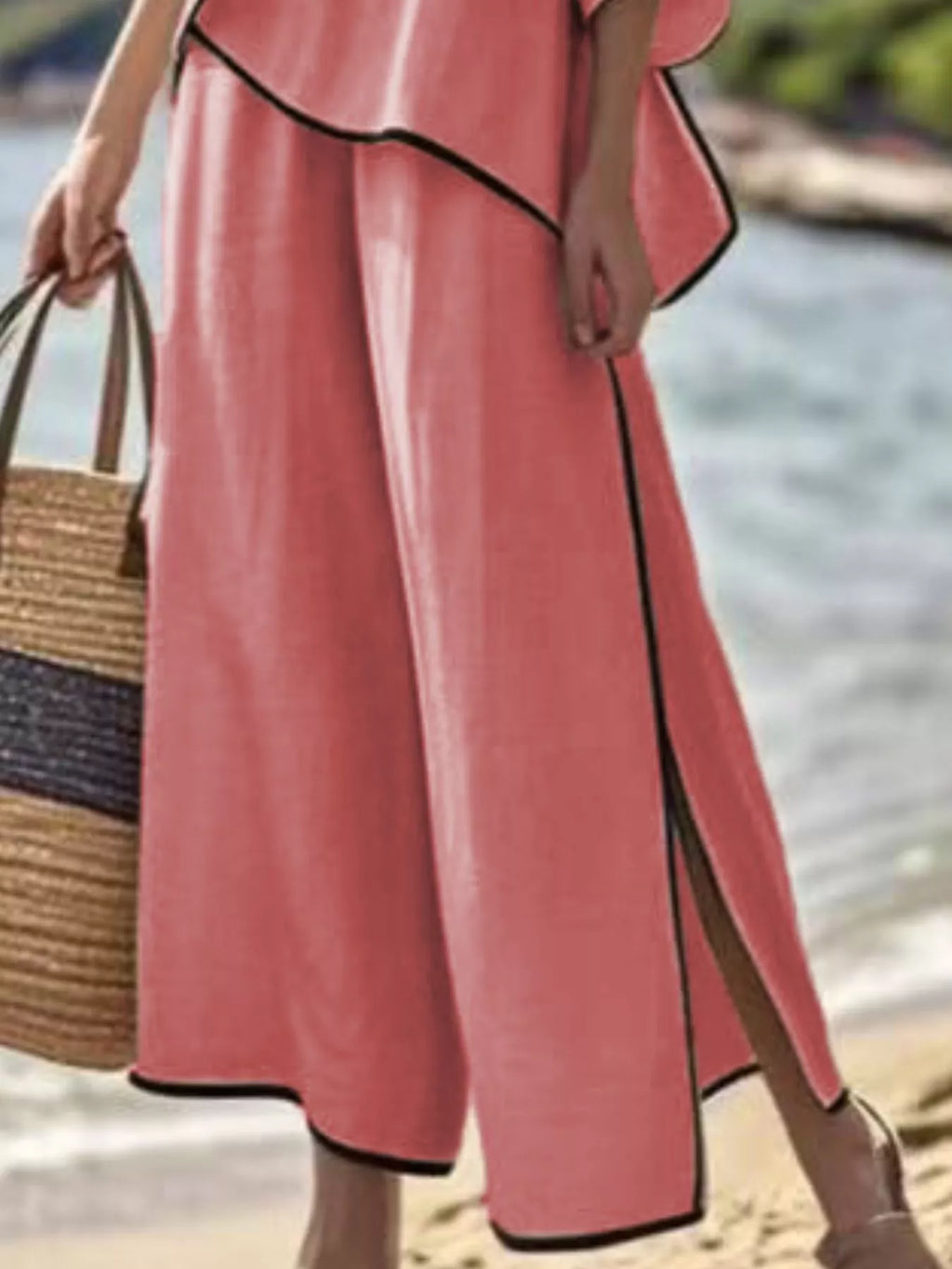 Full Size Contrast Trim Top and Wide Leg Pants Set Plus Size