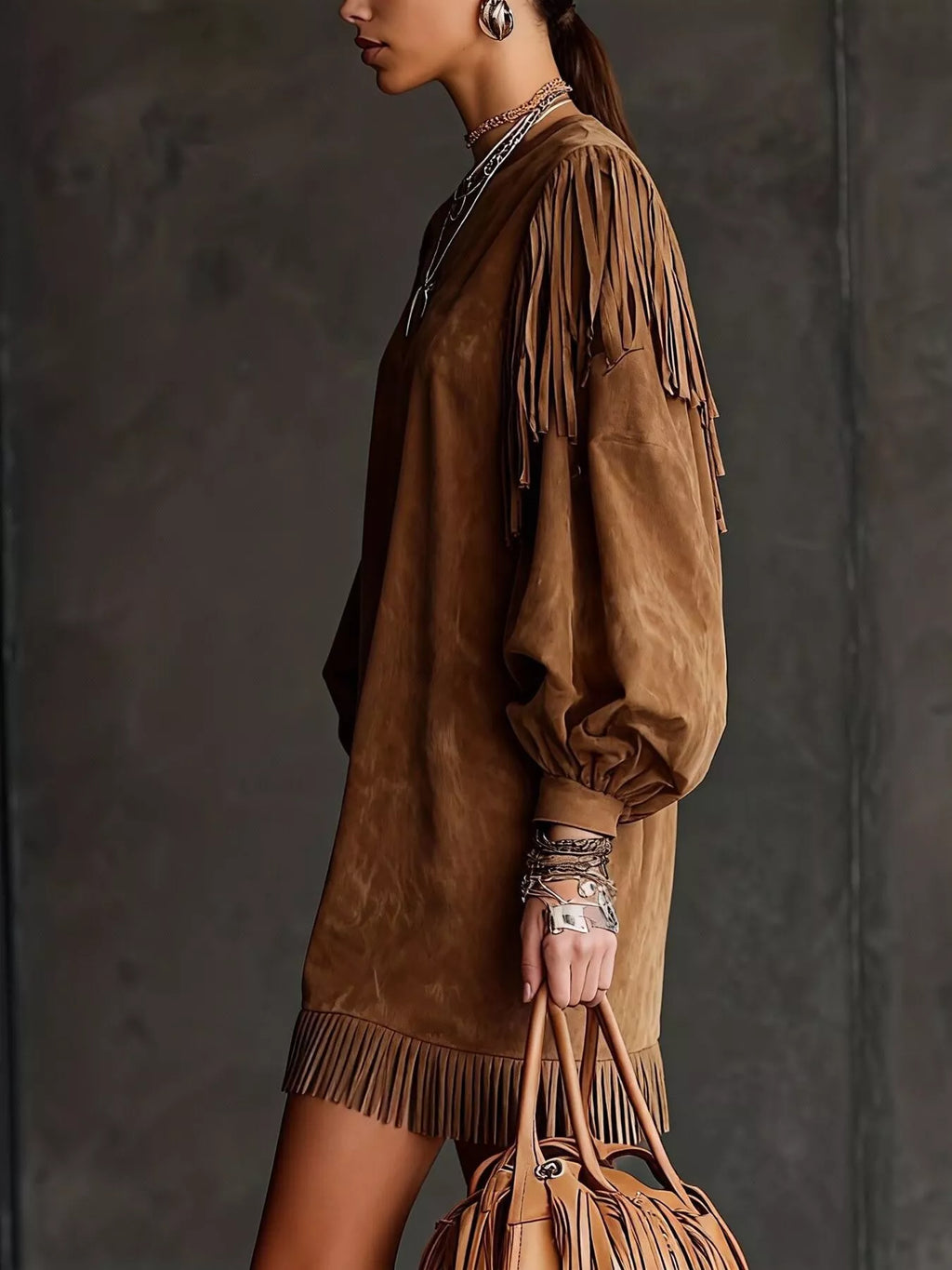 Fringe Detail Lantern Sleeve Mini Dress