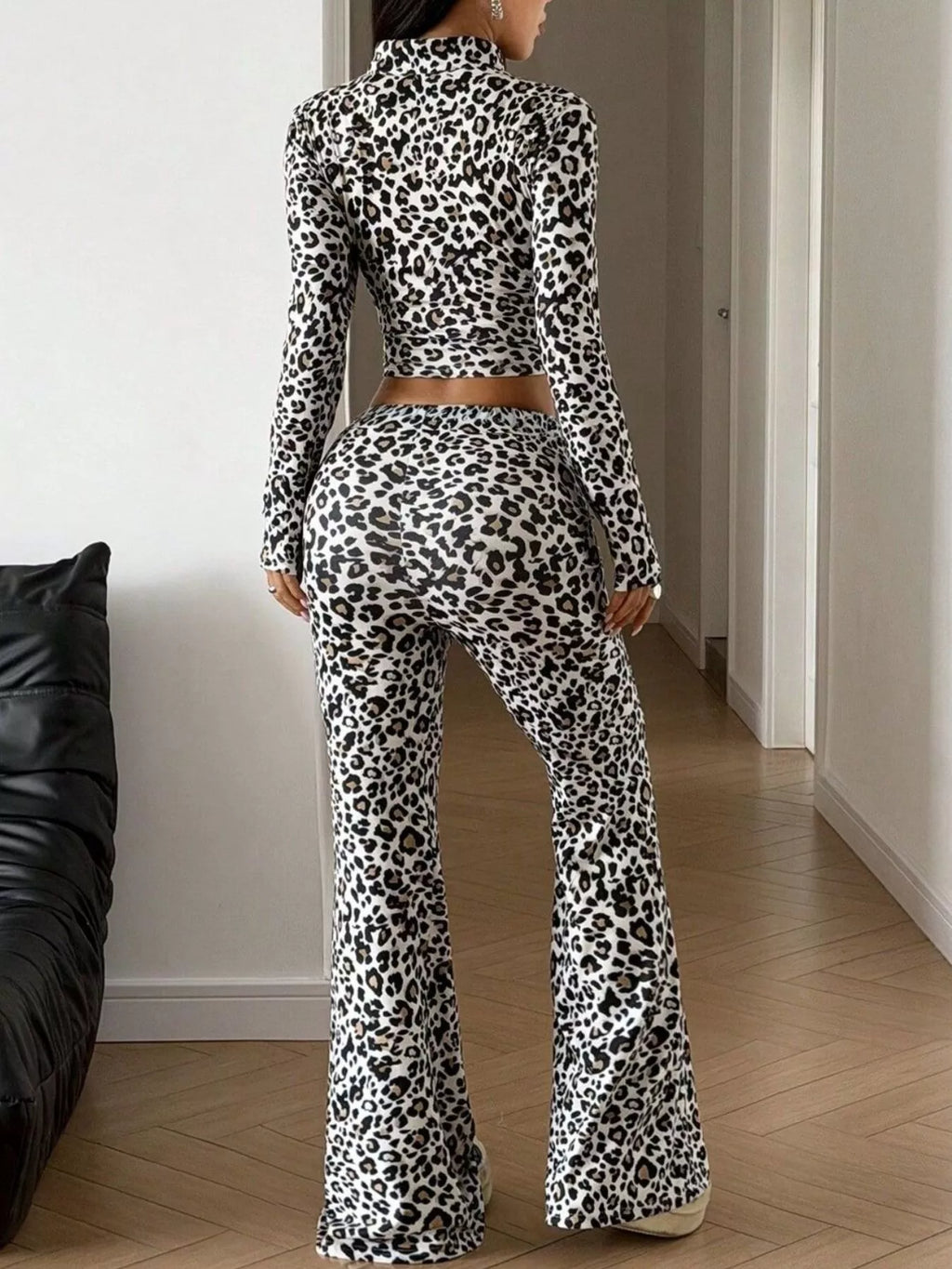 Leopard Print Zip-Up Crop Top and Flared Pants Two-Piece Set