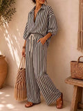 Striped Collared Shirt and Wide-Leg Drawstring Pants Set