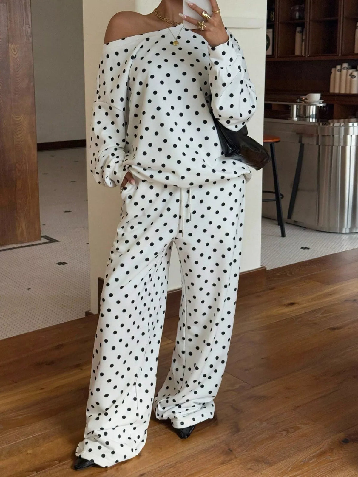 Polka Dot Boat Neck Top and Pants Set