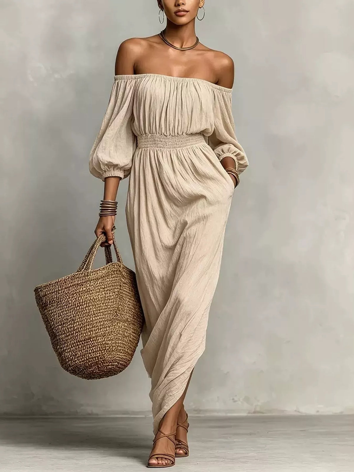 t Off-Shoulder Smocked Waist Maxi Dress