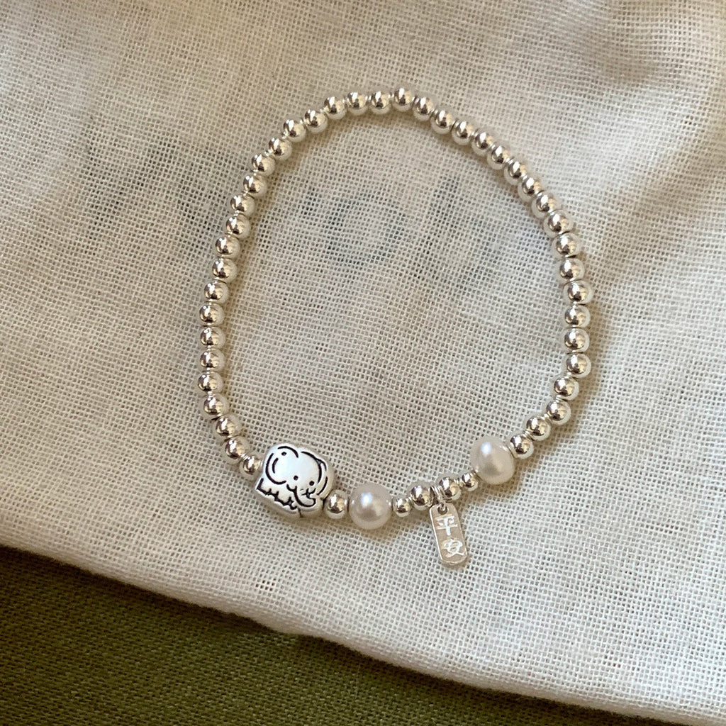 Women New Simple Cute Elephant Pearl Spliced Elastic Beaded Bracelet, Lovely Peace Small Tag Versatile Personalized Wrist Jewelry