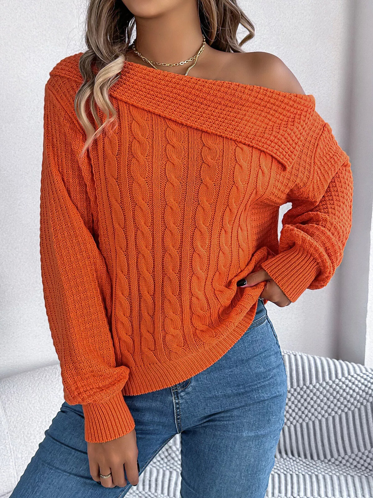 One Shoulder Cable Knit Sweater