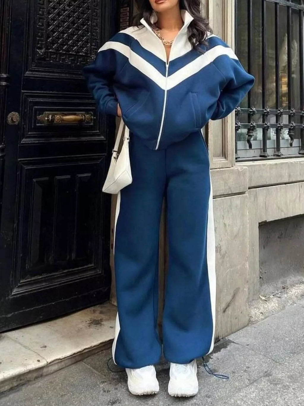 Color Block Zip-Up Outerwear and Pants Set