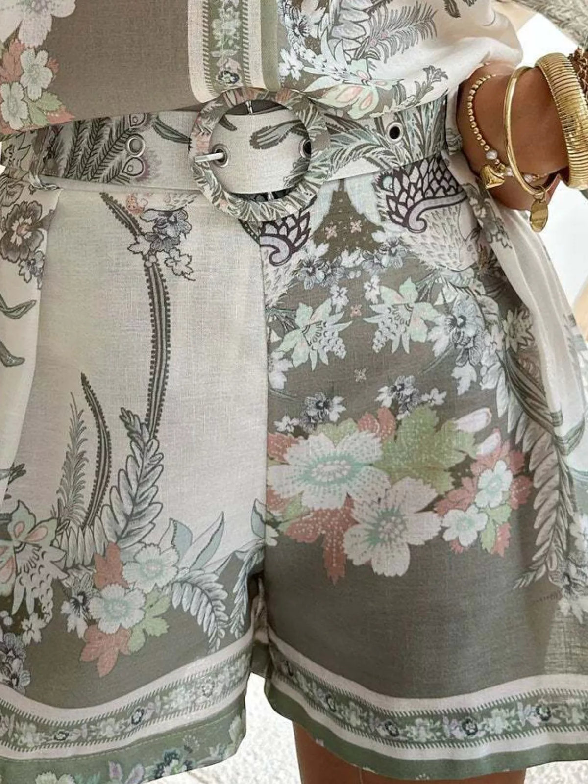 Floral Print Button-Down Shirt and Belted Shorts Two-Piece Set