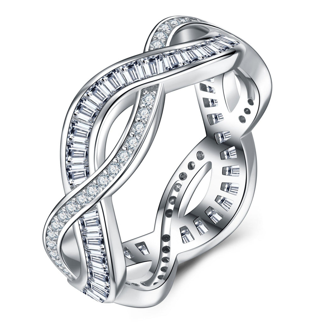 S925 Silver 3g Baguette Moissanite Intertwined Ring, D VVS1, GRA US 5-8