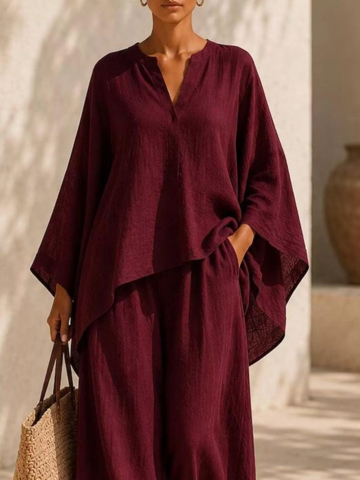 Full Size Loose Fit Top and Wide-Leg Pants Set Plus Size