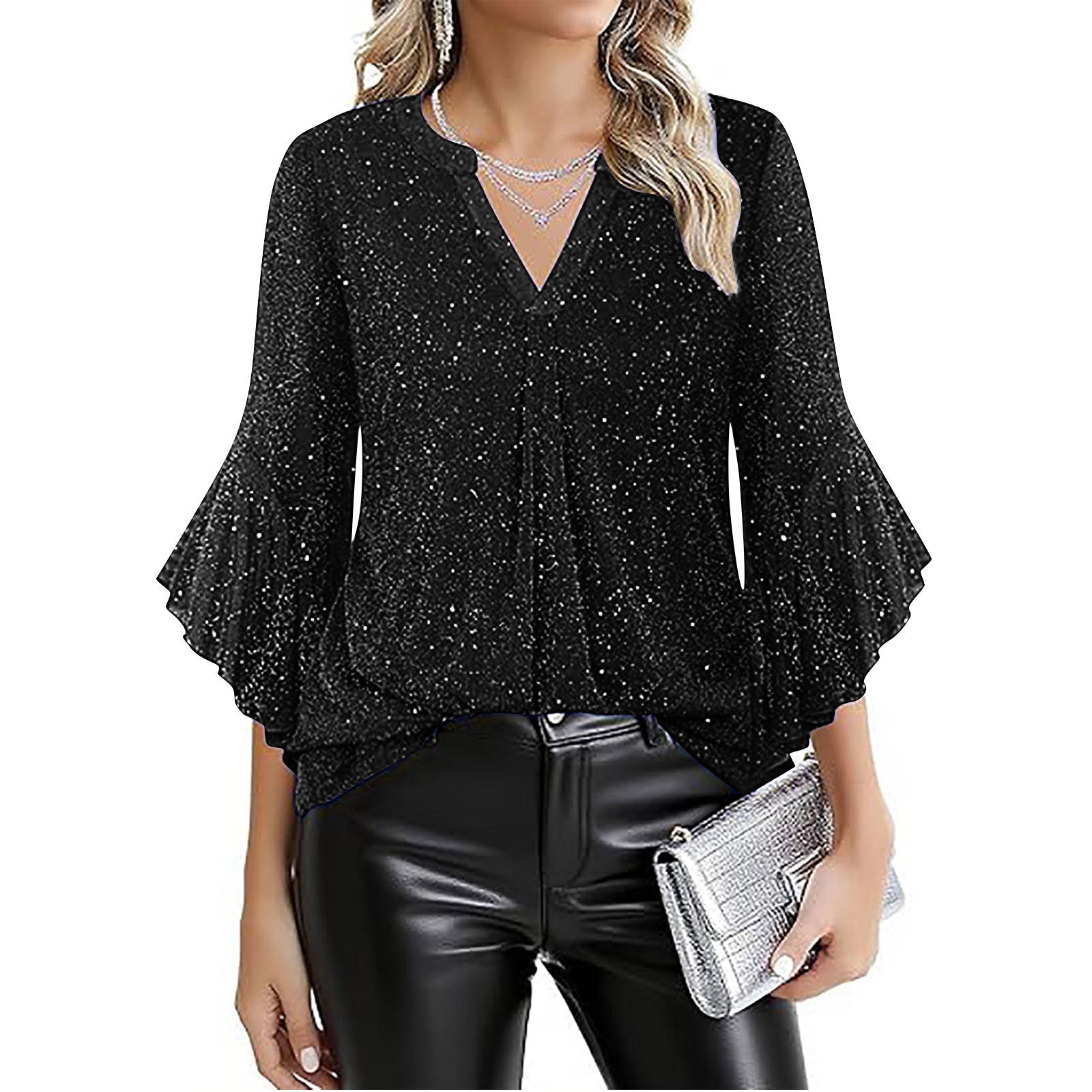 Womens Casual Silver-Thread Mesh V-Neck Petal Three-Quarter Sleeve Loose Top