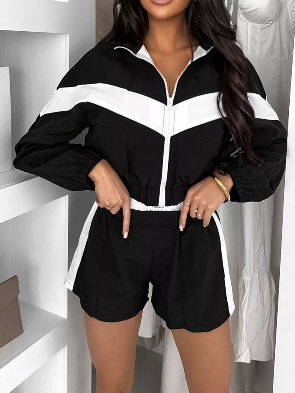 Color Block Zip-Up Jacket and Shorts Two-Piece Set