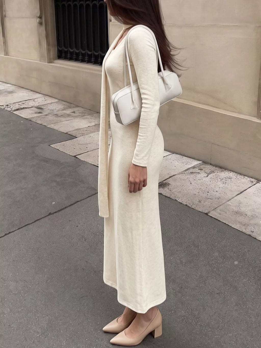 Round Neck Maxi Knit Dress with Matching Scarf