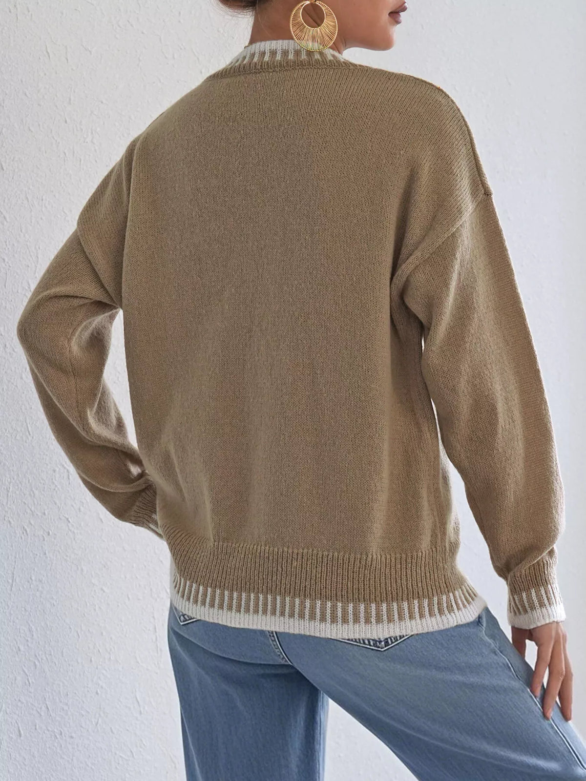Contrast Trim Crew Neck Drop Shoulder Sweater